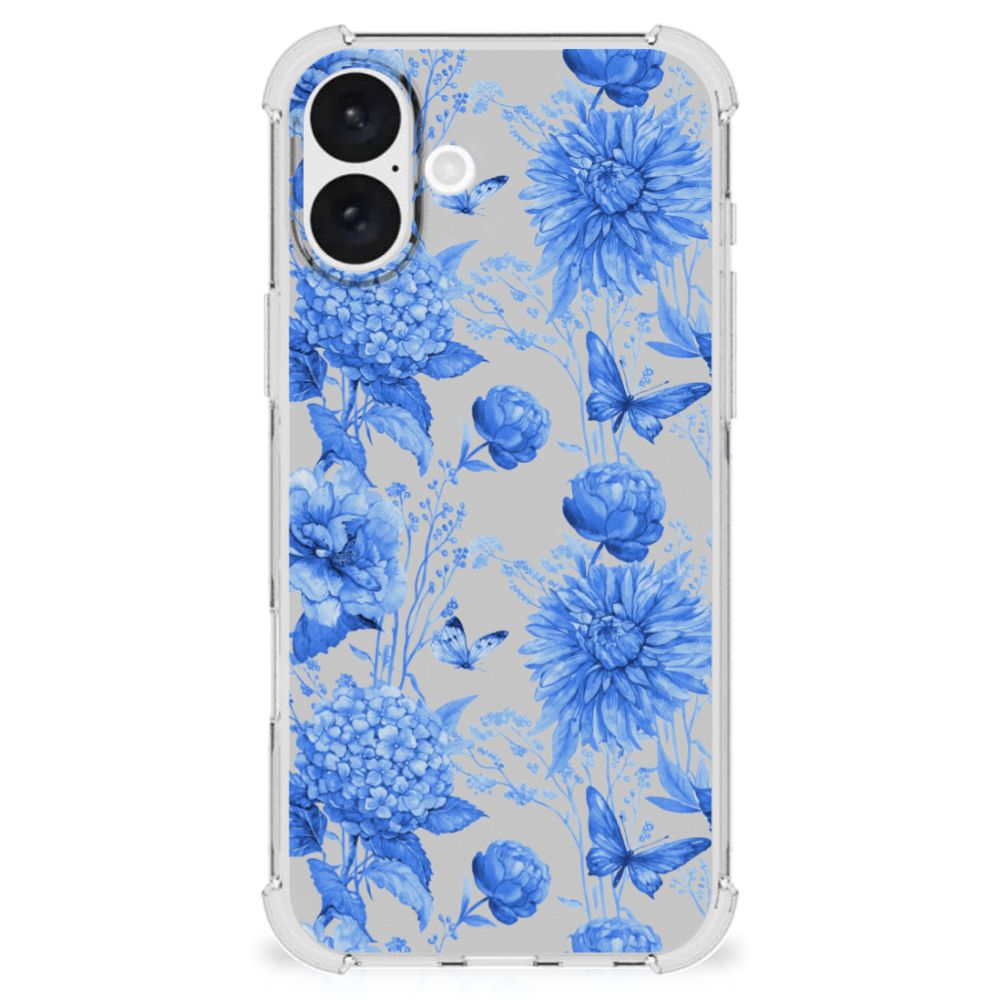 iPhone 16 Plus Case voor iPhone 16 Plus Flowers Blue bloemen design achterkant