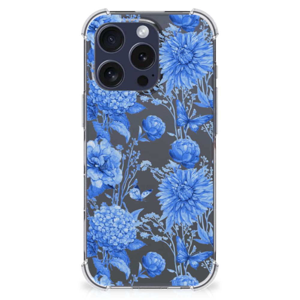 Apple iPhone 16 Pro Max Case voor iPhone 16 Pro Max Flowers Blue bloemen design achteraanzicht
