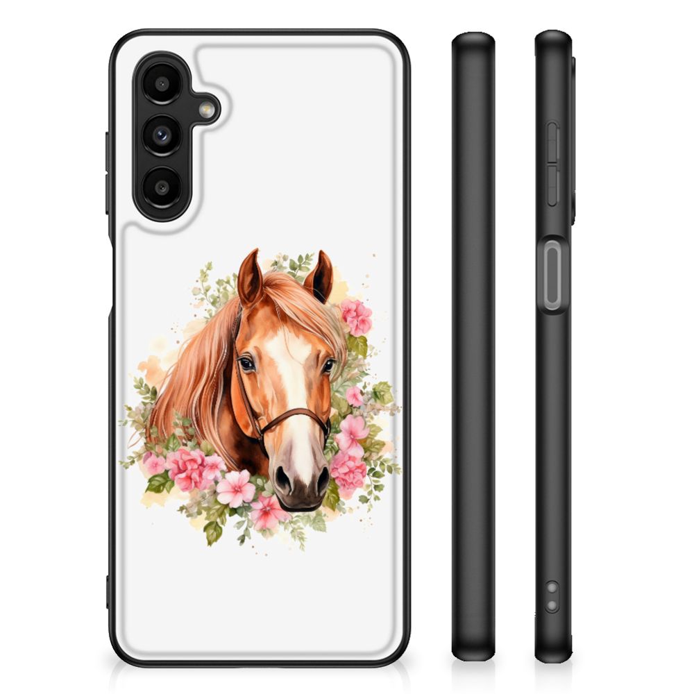 Dierenprint Telefoonhoesje voor Samsung Galaxy A14 5G Paard met een paard en bloemen op de achtergrond.