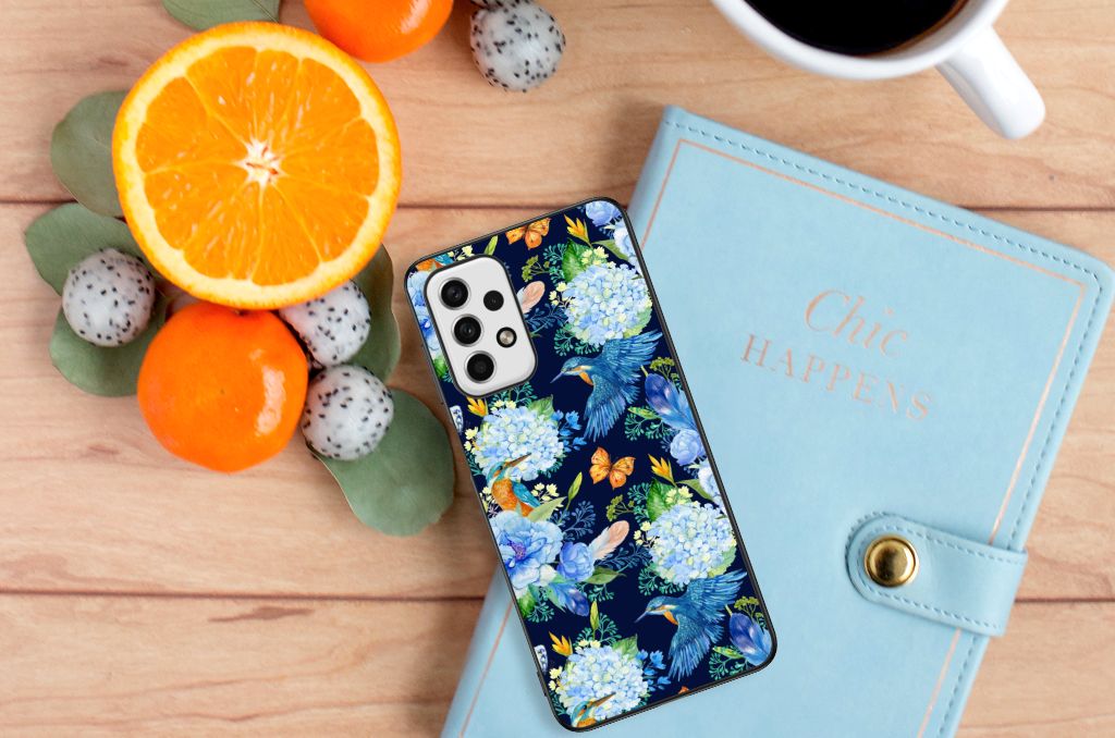 Samsung Galaxy A23 Dierenprint Telefoonhoesje IJsvogel bovenaanzicht bloemen fruit
