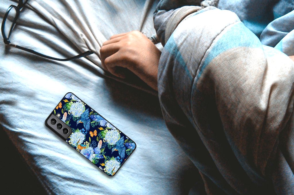 Samsung Galaxy S21FE Dierenprint Telefoonhoesje IJsvogel bloemen aanzicht