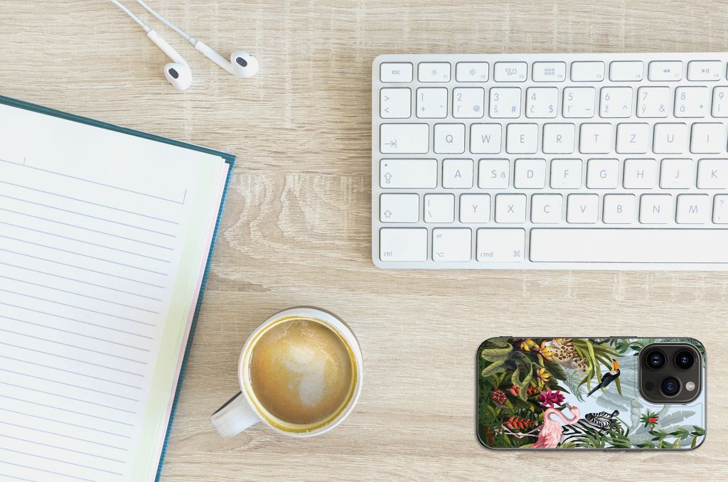 Dierenprint Telefoonhoesje voor iPhone 15 Pro Jungle dierenprint bovenaanzicht bureau koffie toetsenbord notitieboek