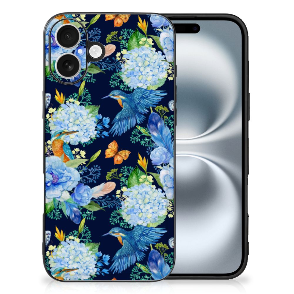 Dierenprint Telefoonhoesje voor iPhone 16 IJsvogel bloemen design aanzicht