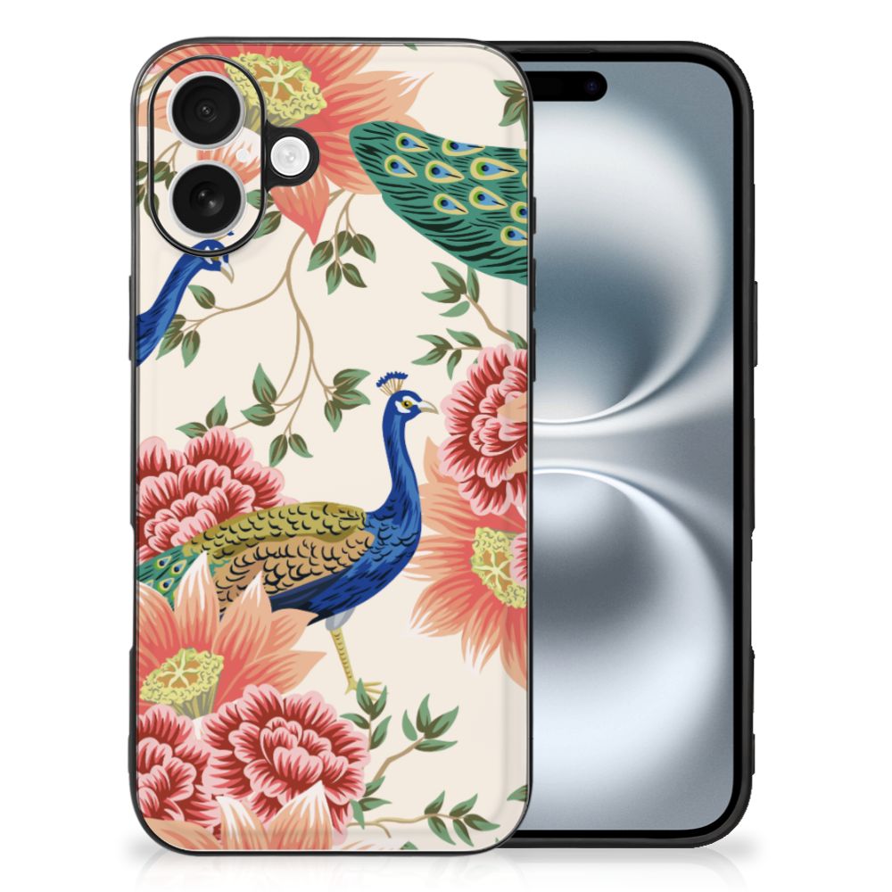 Dierenprint Telefoonhoesje voor iPhone 16 Pink Peacock achterzijde design pauw bloemen