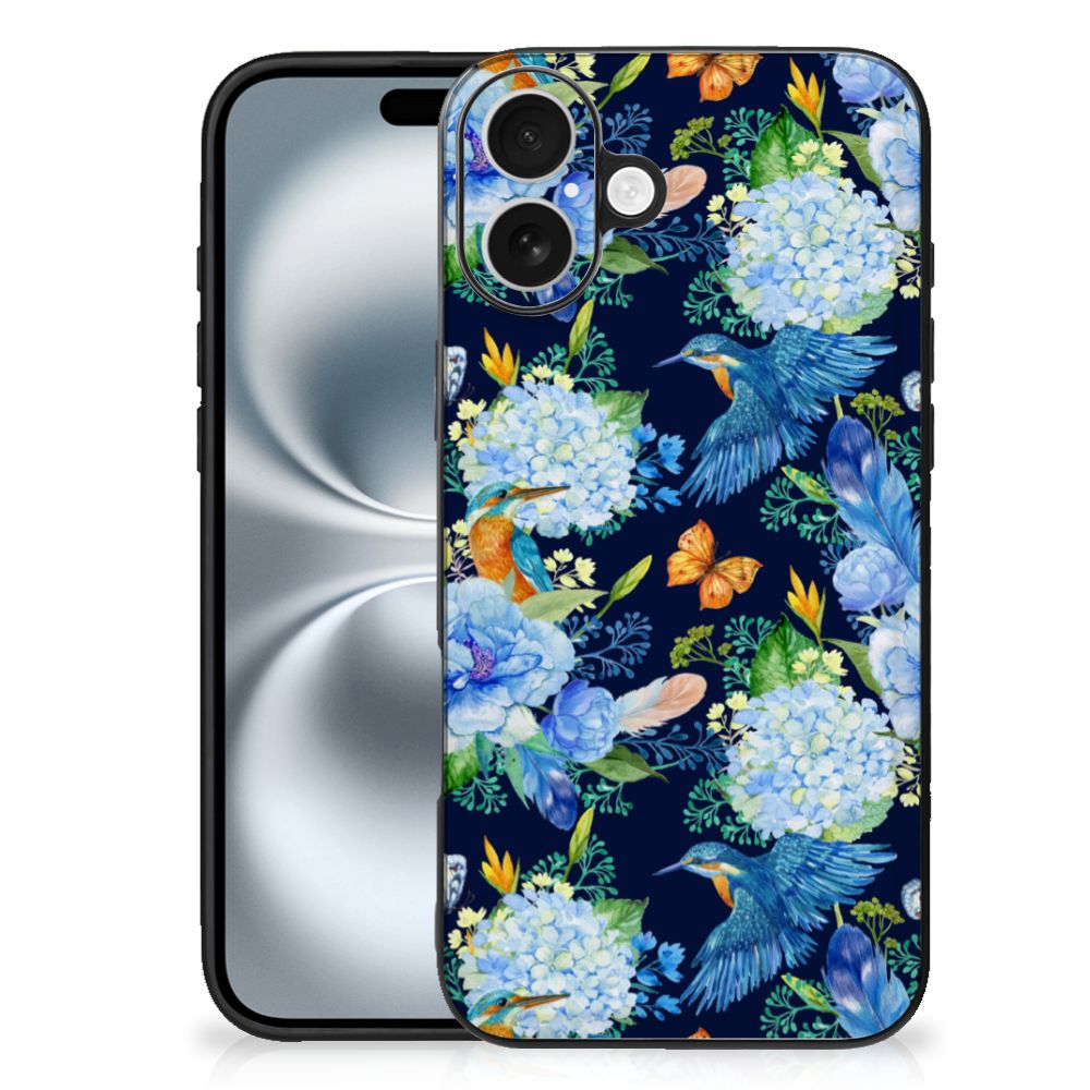 iPhone 16 Plus Dierenprint Telefoonhoesje IJsvogel bloemen achterkant