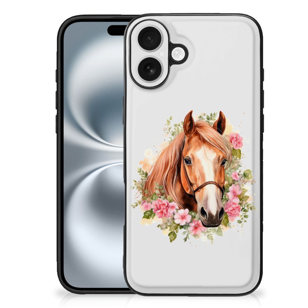 Dierenprint Telefoonhoesje voor iPhone 16 Plus Paard telefoonhoesje paard bloemen aanzicht