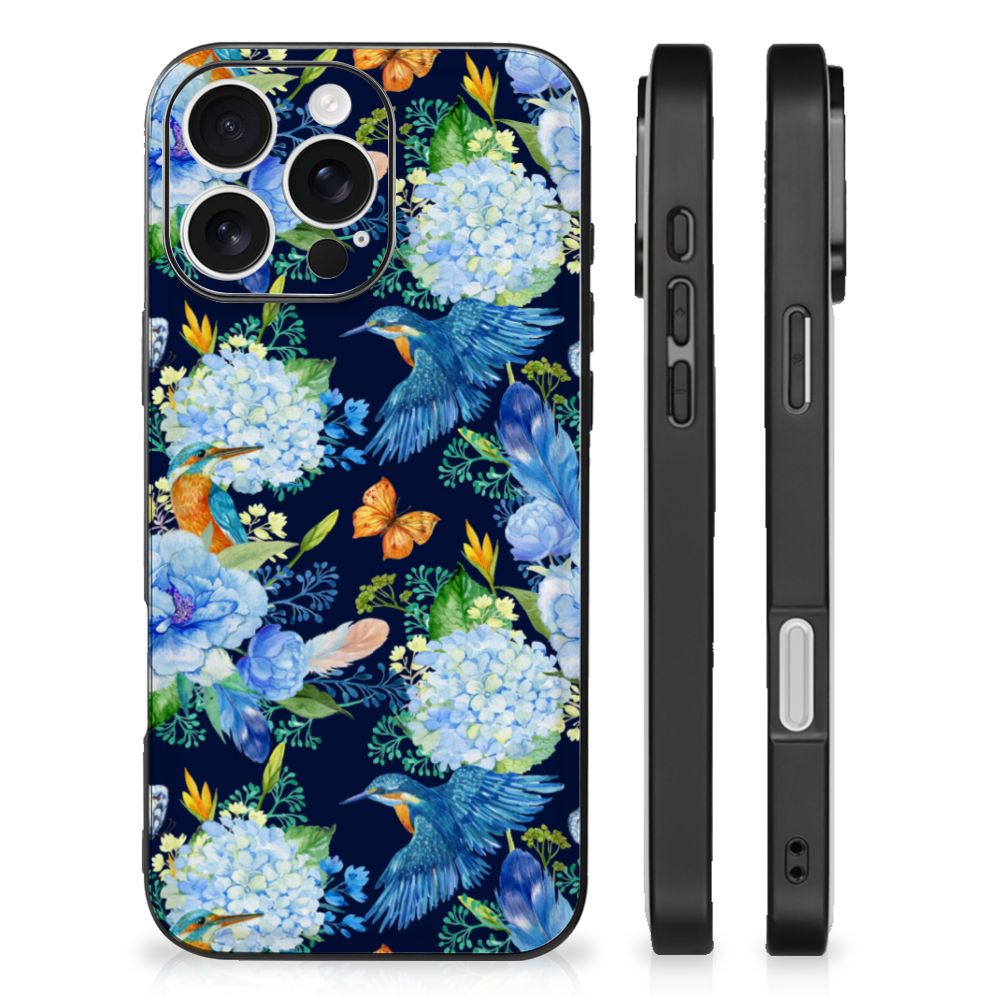 Dierenprint Telefoonhoesje voor iPhone 16 Pro IJsvogel design bloemen zijaanzicht