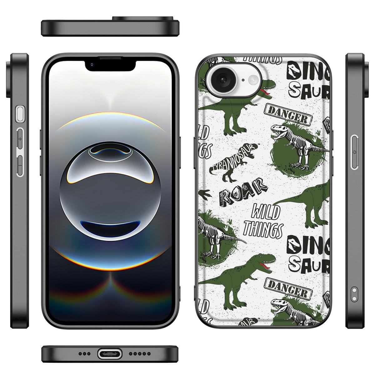 Dierenprint Telefoonhoesje voor iPhone 16e Dinosaurus dino design voorkant zijkanten
