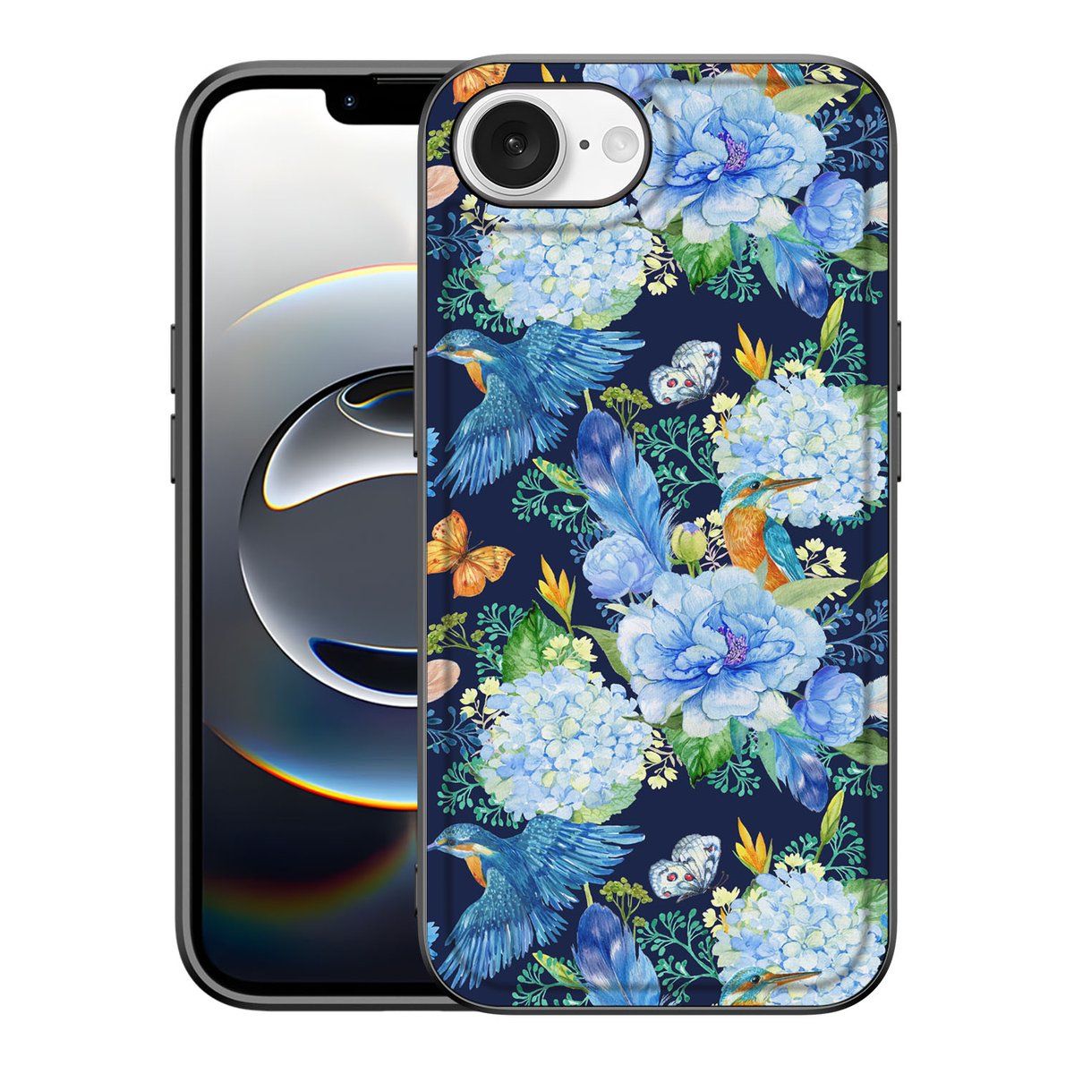 Dierenprint Telefoonhoesje voor iPhone 16e IJsvogel design ijsvogel bloemen aanzicht