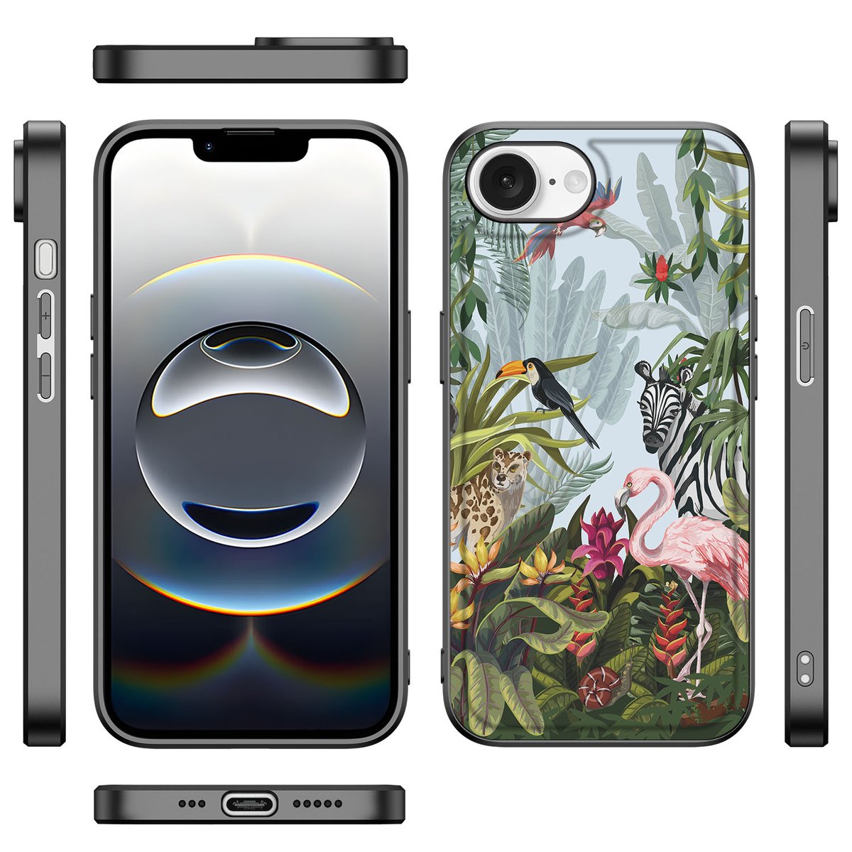 Apple iPhone 16e Dierenprint Telefoonhoesje Jungle achterzijde zijaanzicht voorkant