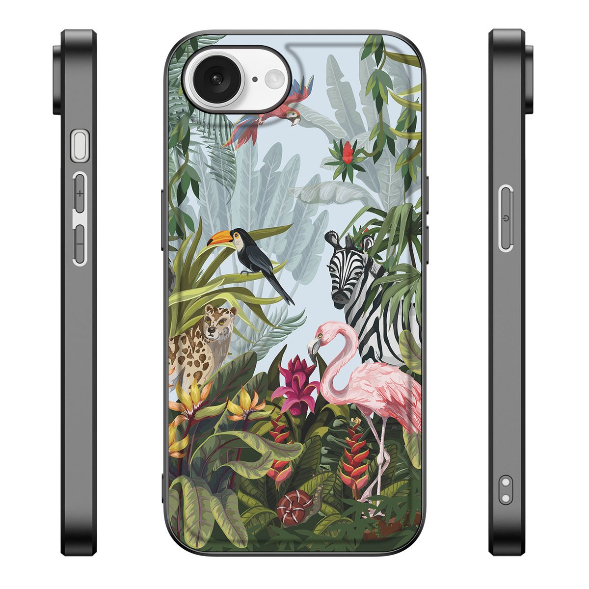 Apple iPhone 16e Dierenprint Telefoonhoesje Jungle voorkant zij aanzicht