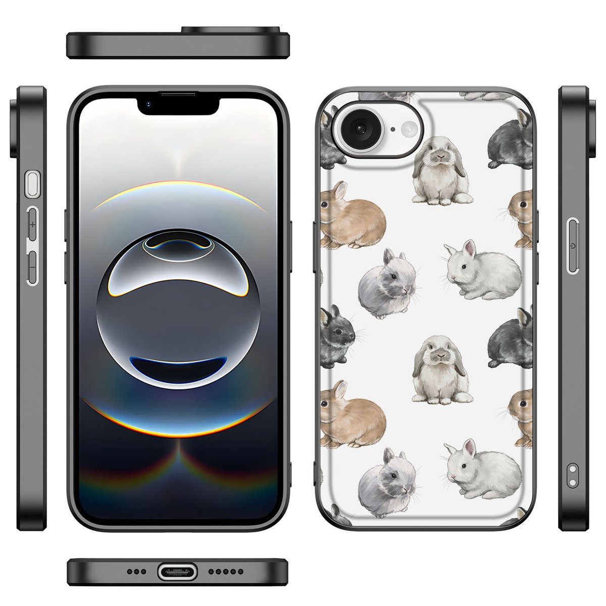 iPhone 16e Dierenprint Telefoonhoesje Konijntjes zij aanzicht