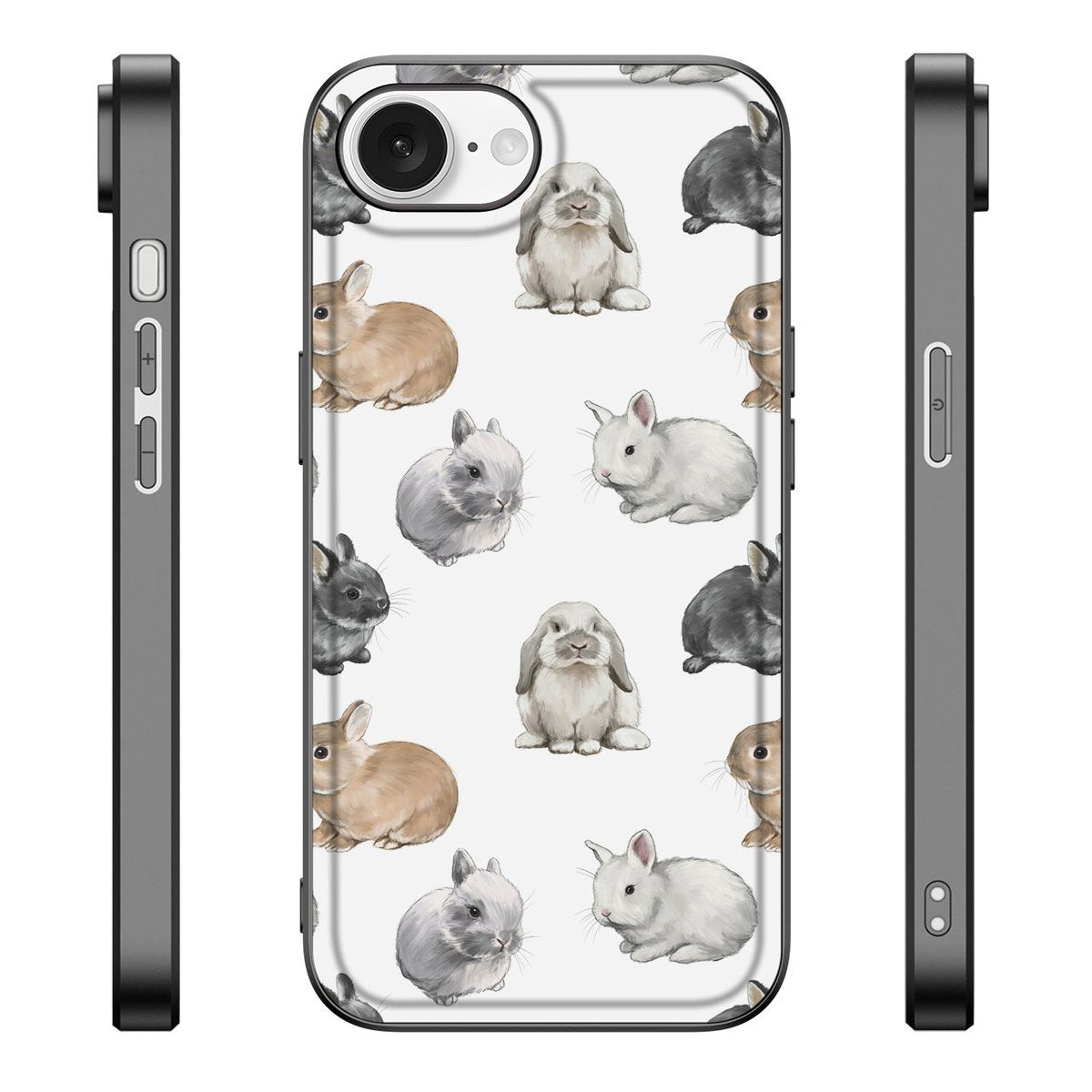 iPhone 16e Dierenprint Telefoonhoesje Konijntjes voorkant zijkant achterkant