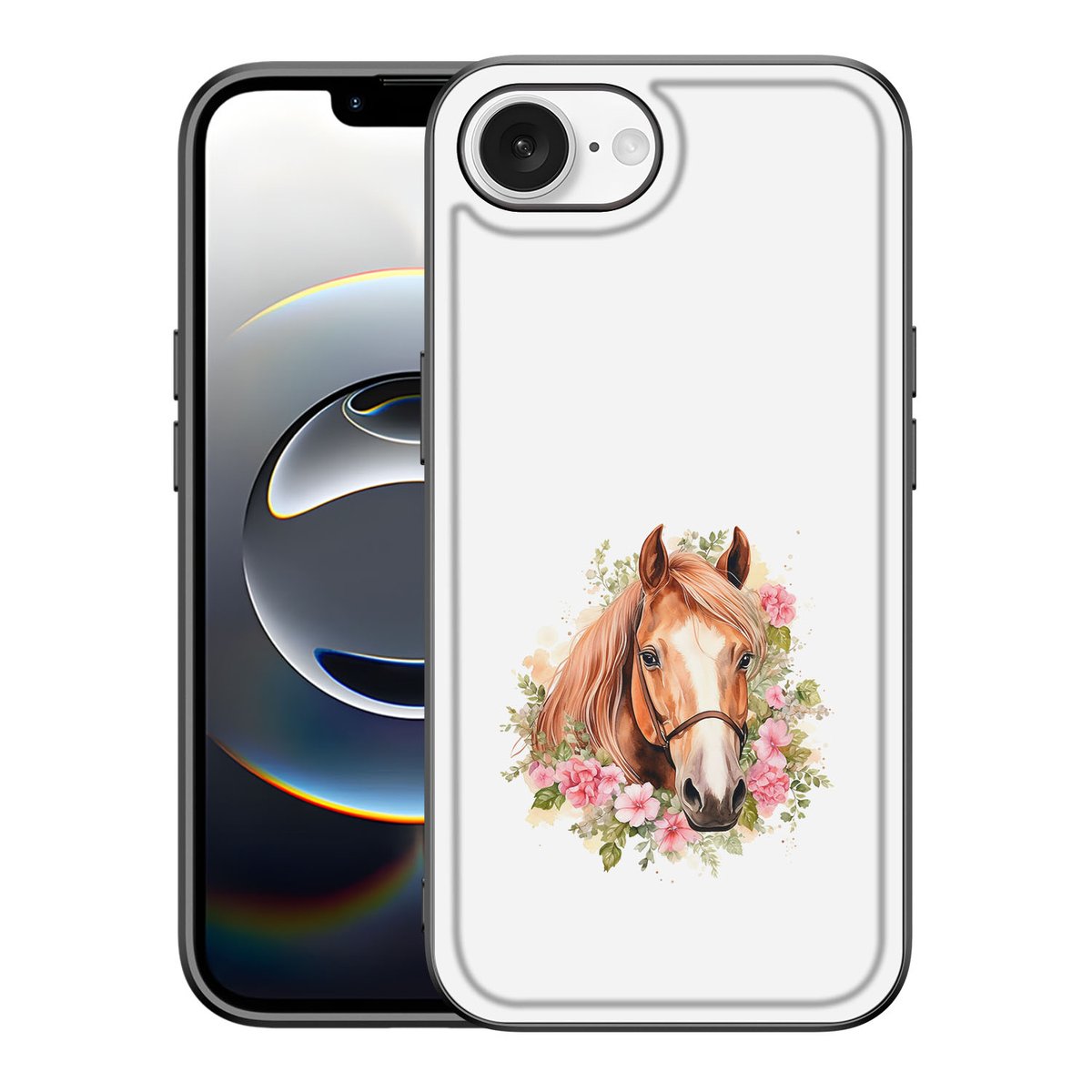 Dierenprint Telefoonhoesje voor iPhone 16e Paard paarden bloemen aanzicht