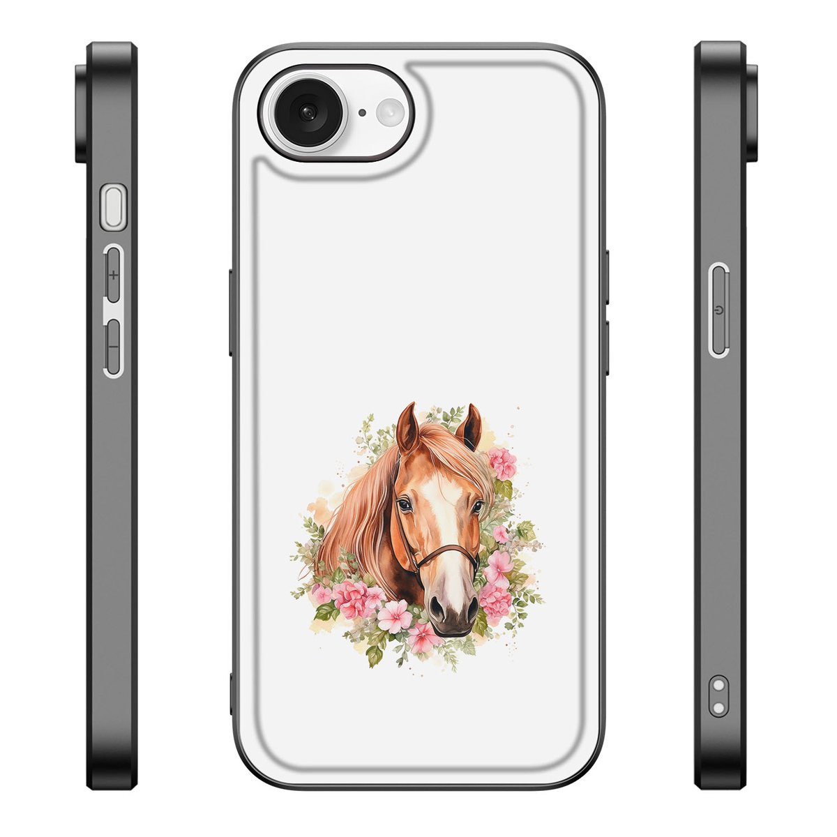 Dierenprint Telefoonhoesje voor iPhone 16e Paard telefoonhoesje paarden bloemen zijaanzicht