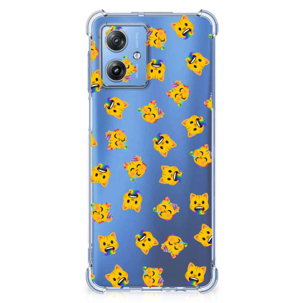 Doorzichtige Silicone Hoesje voor Motorola Moto G54 Katten Emojis met vrolijke katten emoji's 🐱 op een blauwe achtergrond.