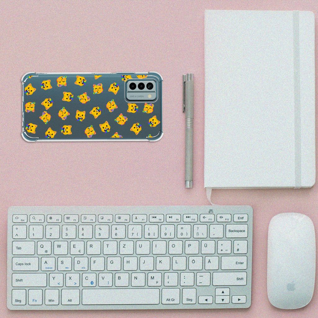 Nokia G22 Doorzichtige Silicone Hoesje Katten Emojis bovenaanzicht bureau toetsenbord notitieboek pen muis