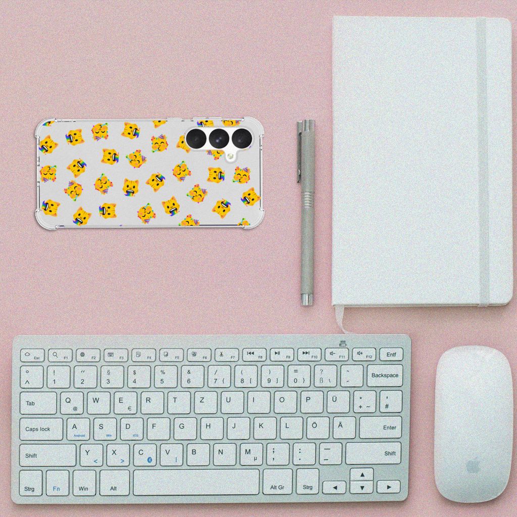 Samsung Galaxy A55 Doorzichtige Silicone Hoesje Katten Emojis bovenaanzicht toetsenbord muis notitieboek
