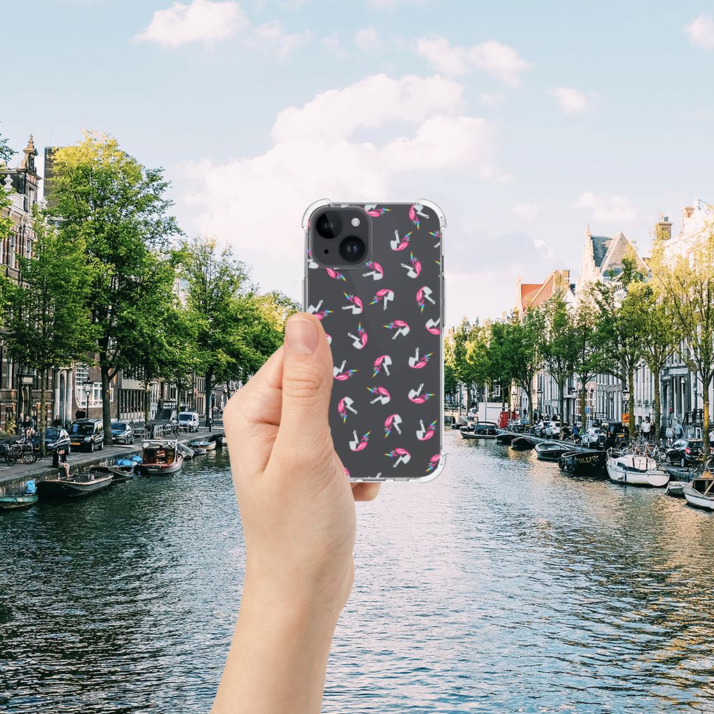 iPhone 15 Doorzichtige Silicone Hoesje voor iPhone 15 Unicorns ontwerp handzijde