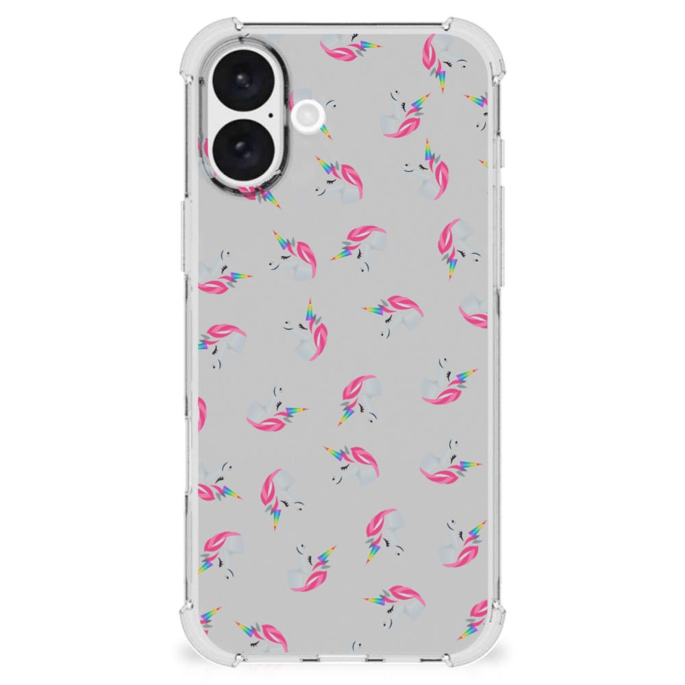 iPhone 16 Plus Doorzichtige Silicone Hoesje Unicorns achterkant
