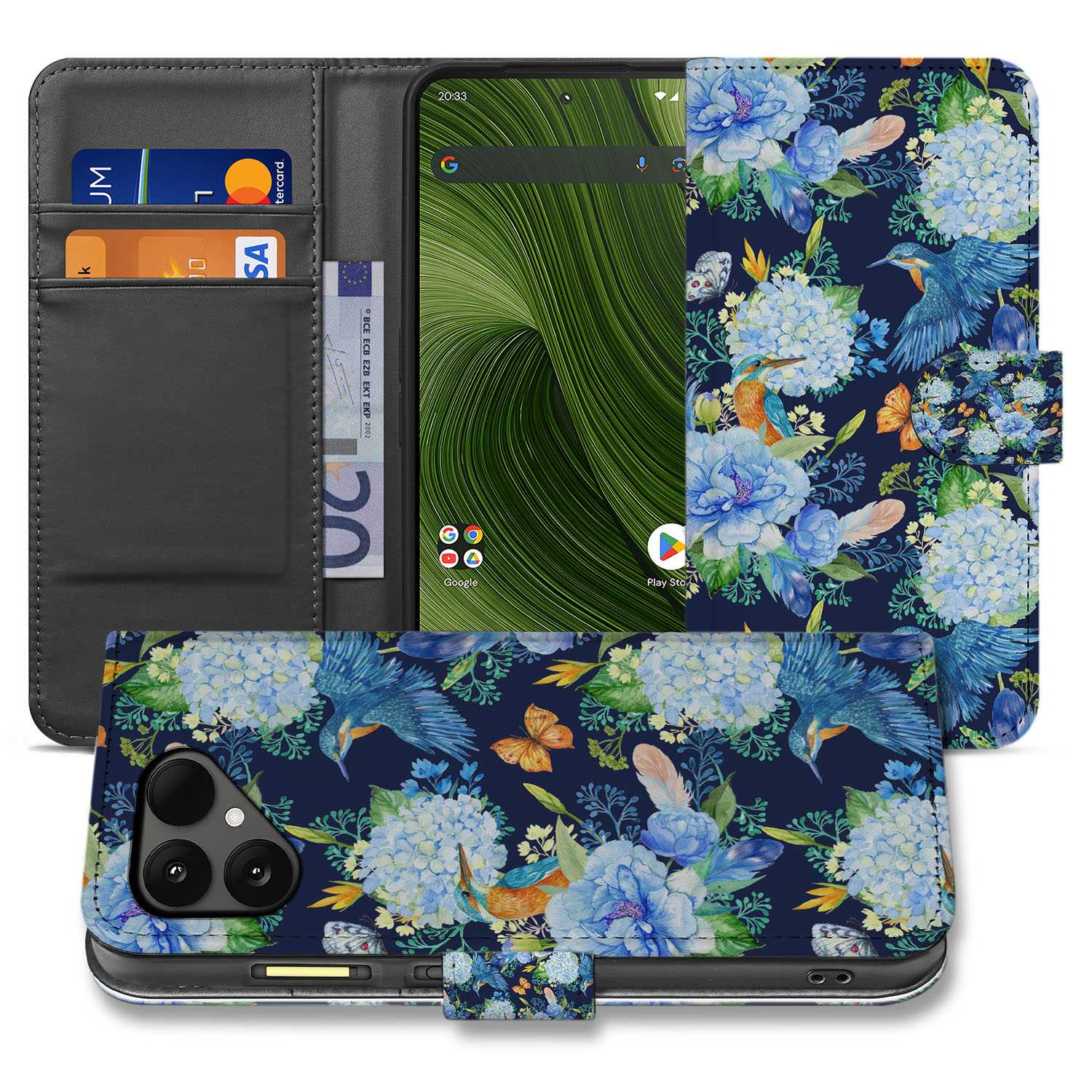 Fairphone 6 Elegant Ijsvogel And Bloemen Design Bookcase Hoesje donkerblauw bloemen design