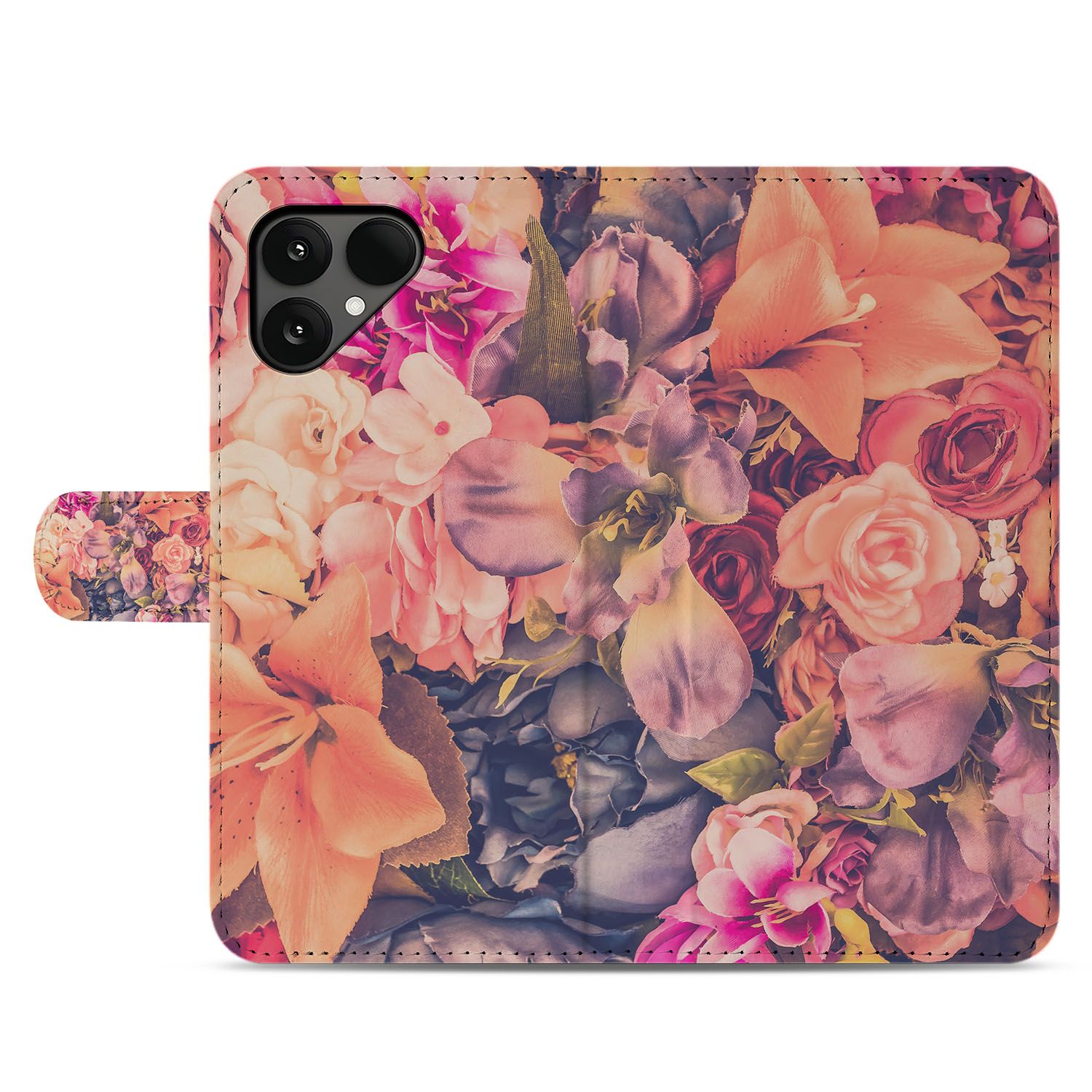 Fairphone 6 Elegante Bosje Bloemen Print in Roze Oranje en Paars Bookcase Hoesje voorkant