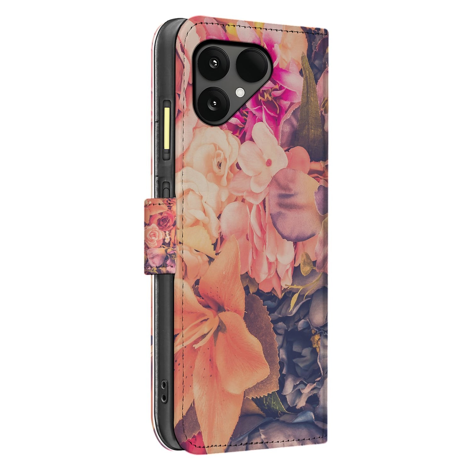 Fairphone 6 Bookcase hoesje Elegante Bosje Bloemen Print in Roze Oranje en Paars zijkant