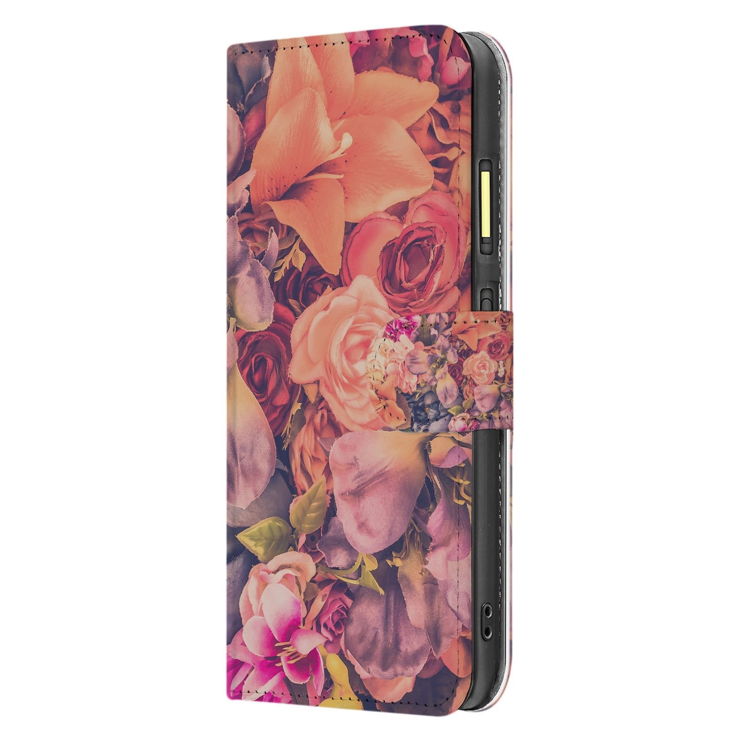 Fairphone 6 Bookcase hoesje Elegante Bosje Bloemen Print in Roze Oranje en Paars zijaanzicht