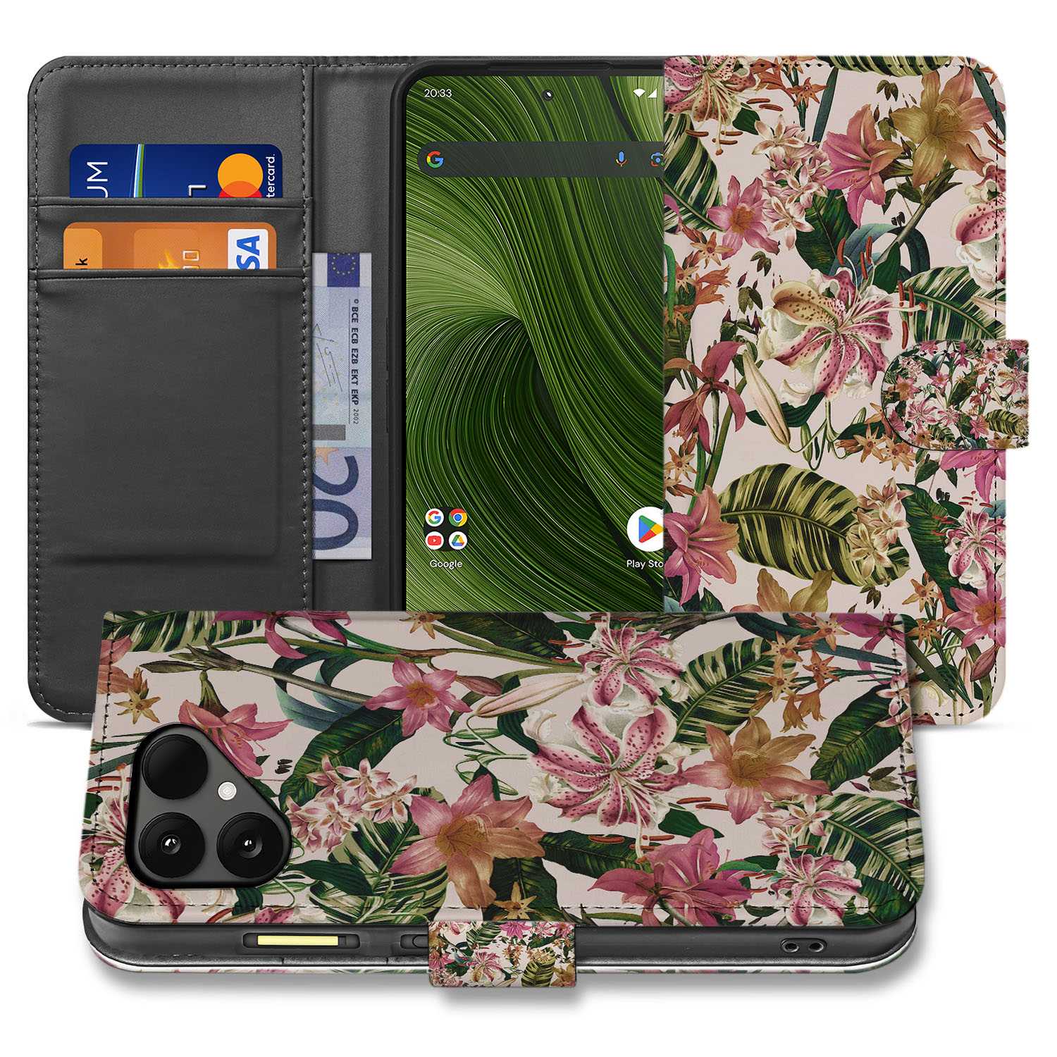 Fairphone 6 Elegante Paars Wit Bloemen Bookcase Hoesje voorzijde binnenzijde