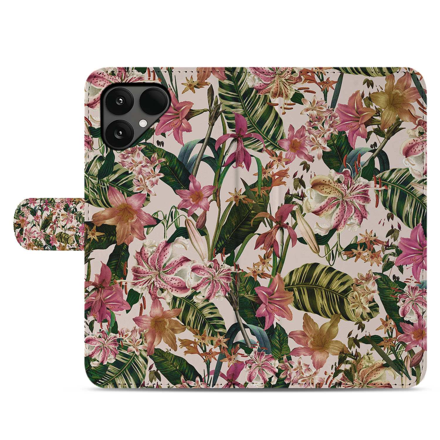 Fairphone 6 Elegante Paars Wit Bloemen Bookcase Hoesje voor Fairphone 6 Smartphone design bloemen aanzicht