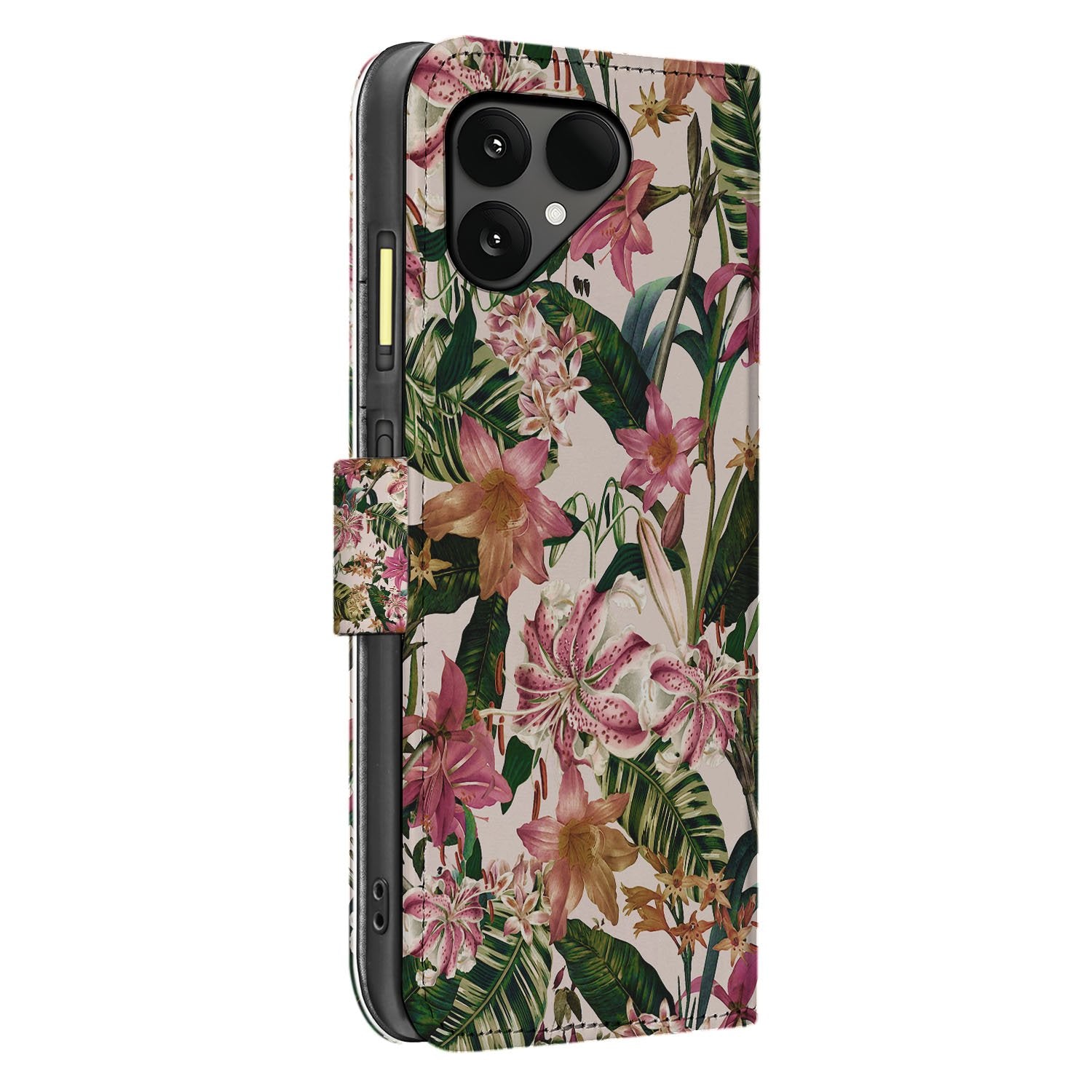 Fairphone 6 Elegante Paars Wit Bloemen Bookcase Hoesje zij aanzicht