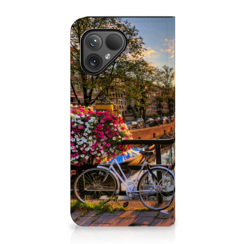 Fairphone 5 Book Cover Amsterdamse Grachten design hoesje aanzicht fiets bloemen kanaal
