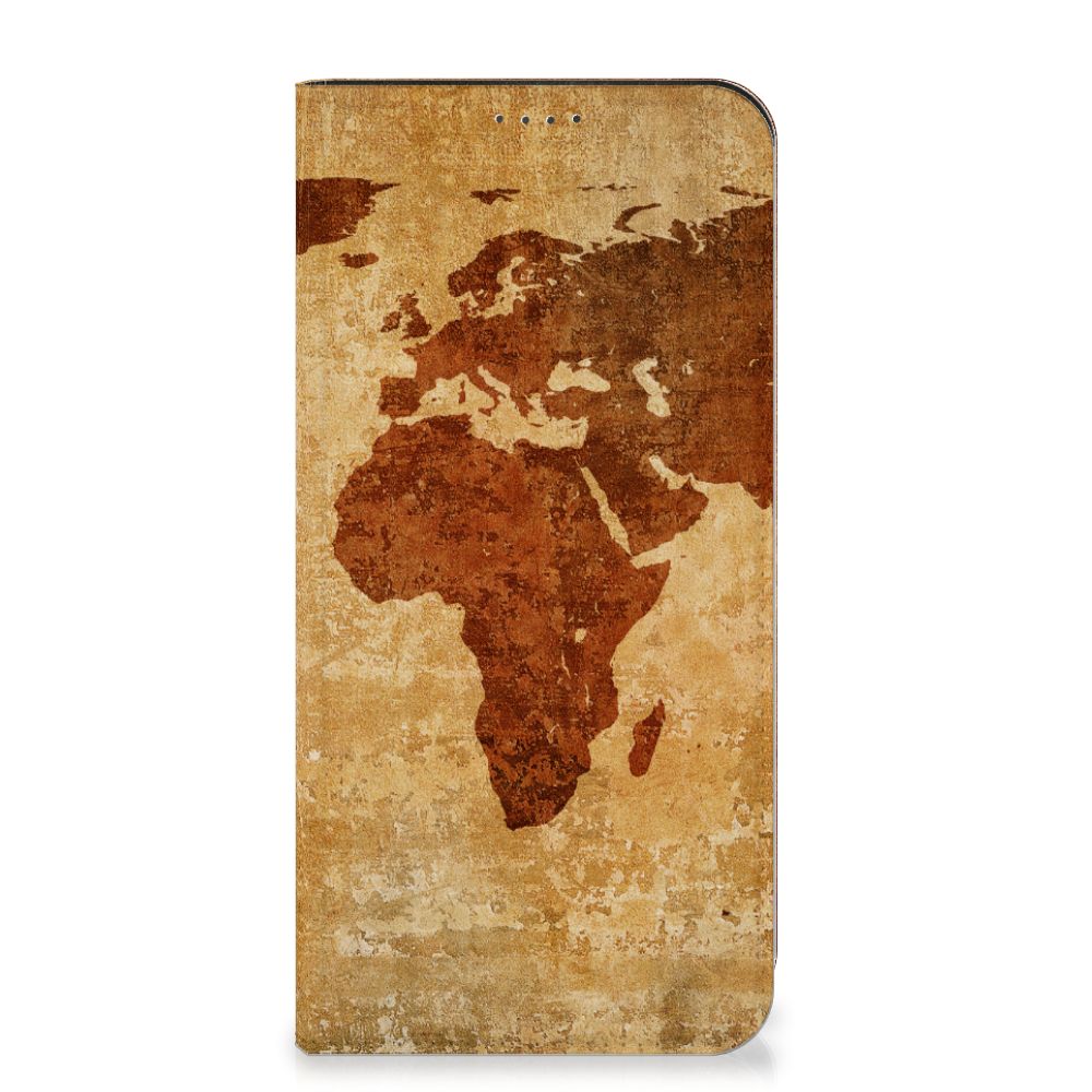 Fairphone 5 Book Cover Wereldkaart hoesje wereldkaart bruin design vooraanzicht