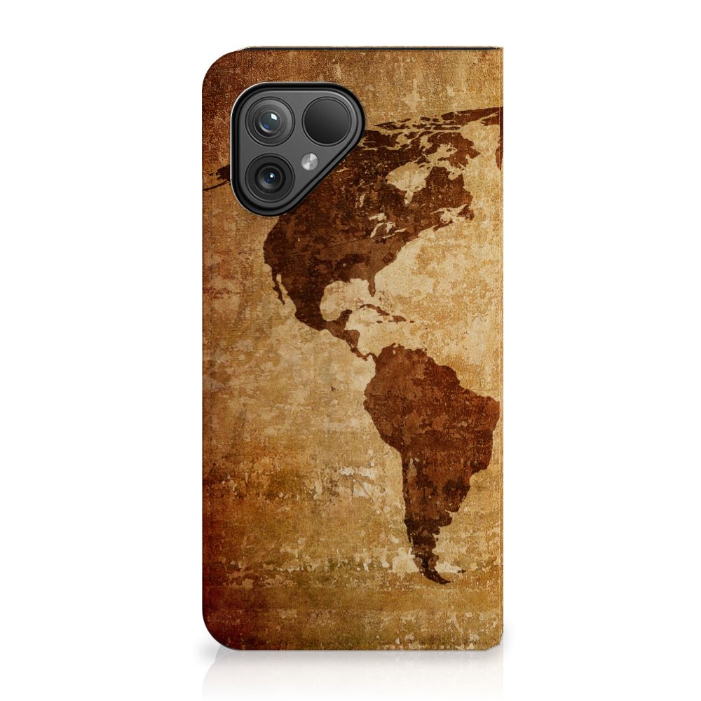 Fairphone 5 Book Cover Wereldkaart hoesje wereldkaart bruin