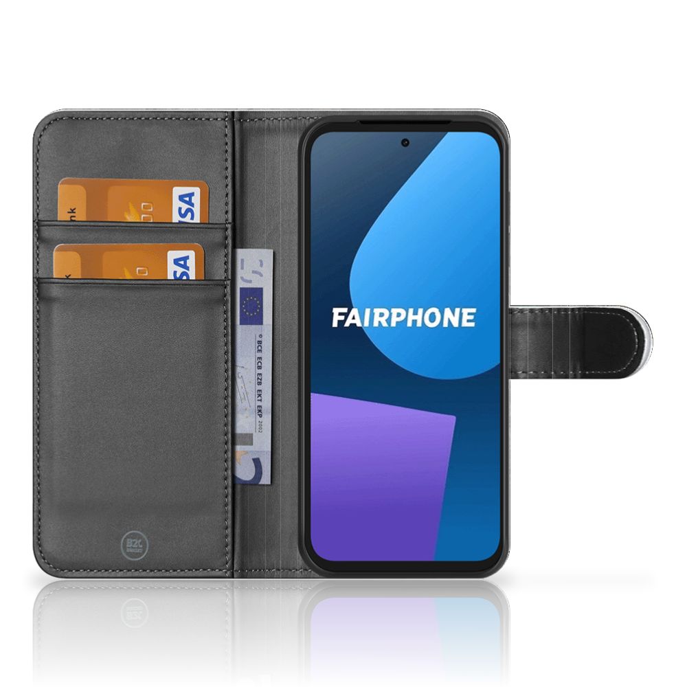 Fairphone 5 Book Style Case Steigerhout binnenkant telefoon pasjes vakken