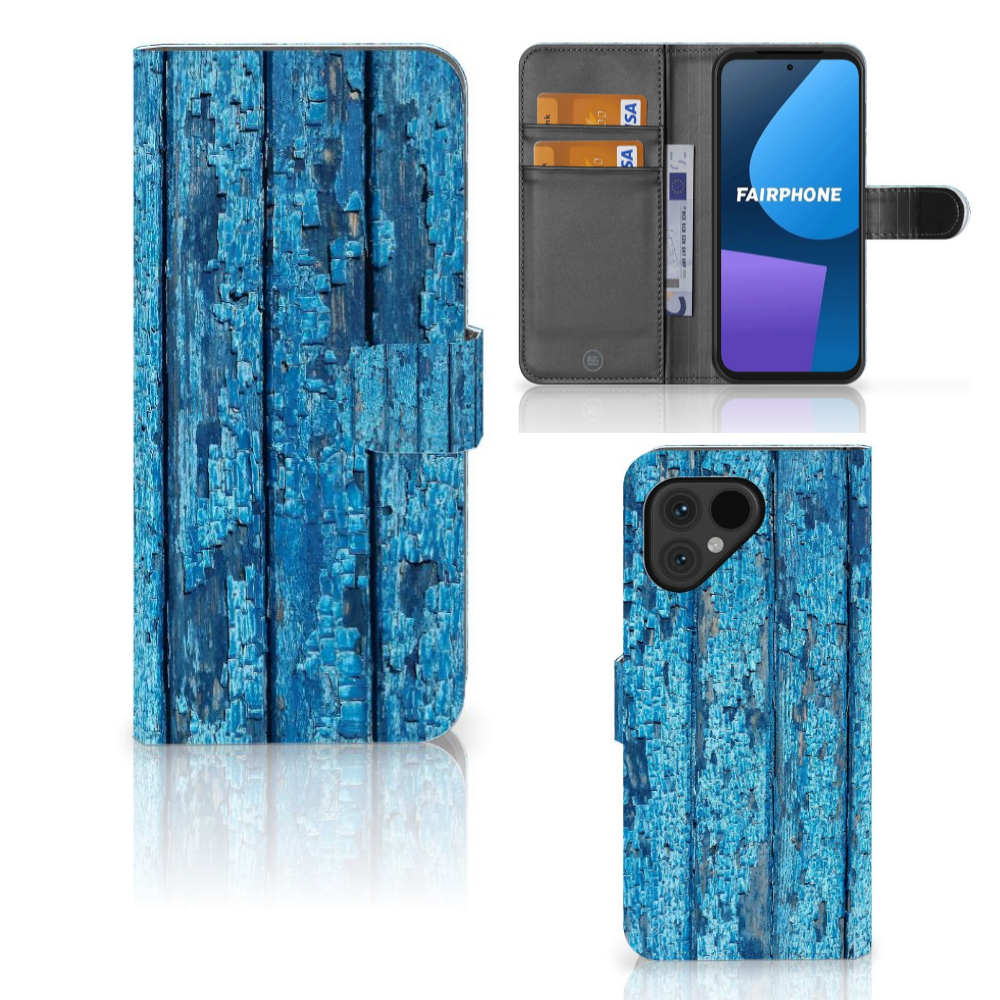 Fairphone 5 Book Style Case Wood Blue voorkant achterkant binnenkant