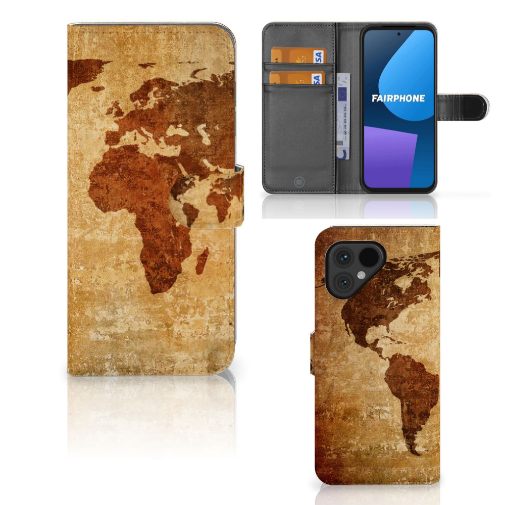 Fairphone 5 Flip Cover Wereldkaart met wereldkaart design 🌍 voor bescherming, gebruiksgemak en stijl.