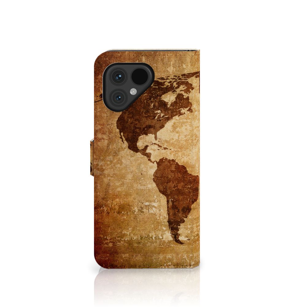 Fairphone 5 Flip Cover Wereldkaart met bruine wereldkaartprint, perfect cadeau voor reizigers 🌍.