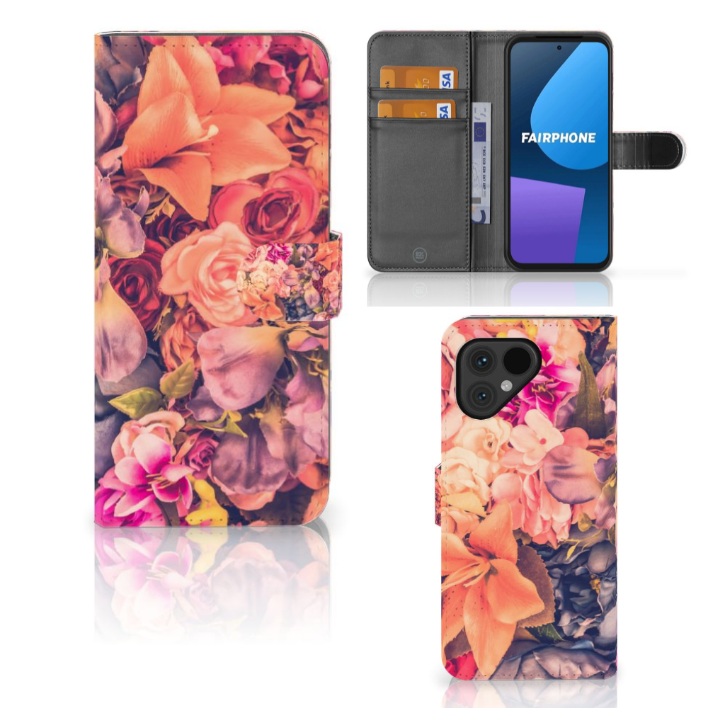 Fairphone 5 Hoesje Bosje Bloemen boekhoesje bloemen design voorzijde achterkant