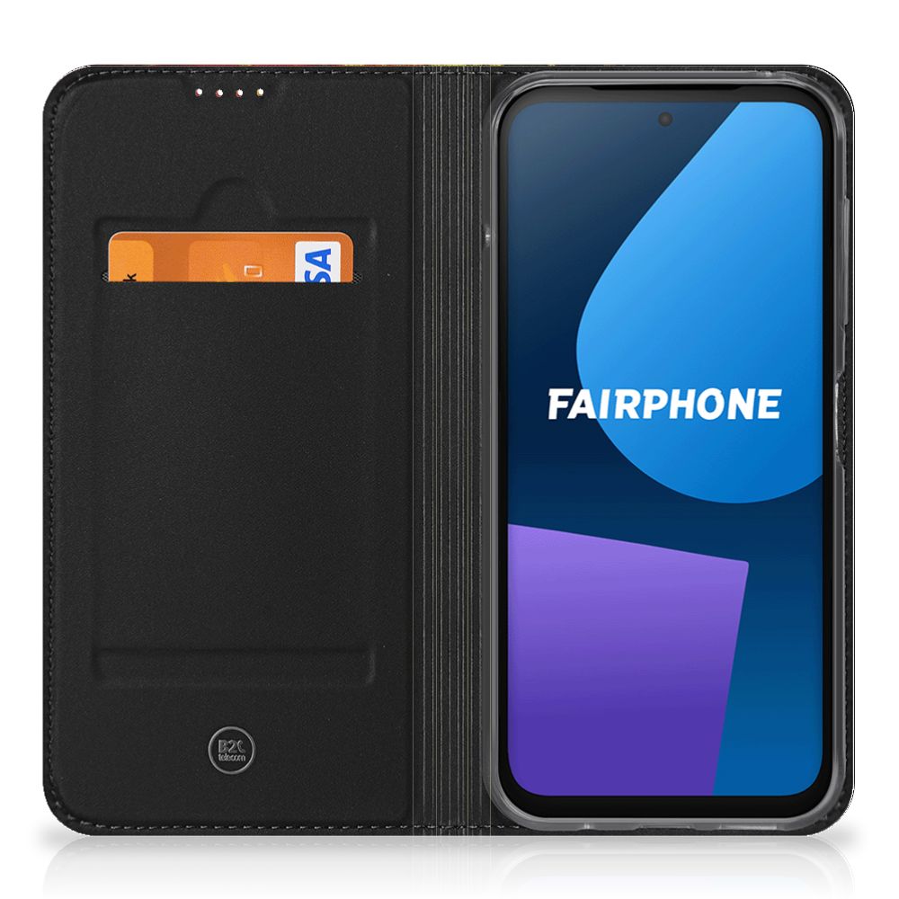 Fairphone 5 Standcase België hoesje zwart binnenkant met mobiel en pasjeshouder