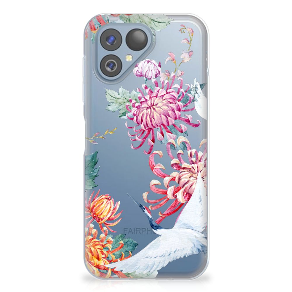 Fairphone 5 TPU Hoesje Bird Flowers smartphone hoesje bloemen ooievaars achterzijde