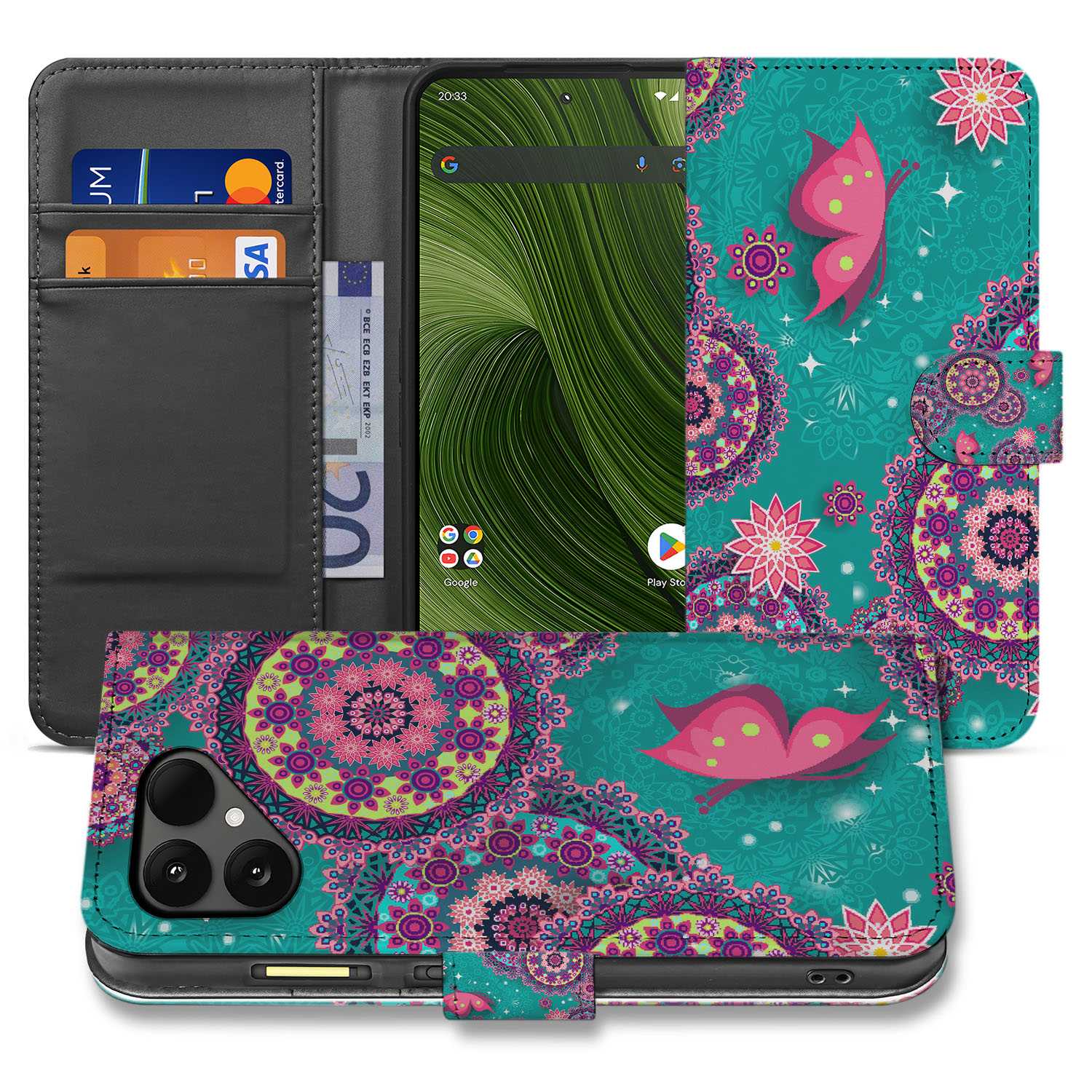 Fairphone 6 Book Case & Portemonnee Hoesje Cirkels en Vlinders zijaanzicht turquoise groen roze patronen