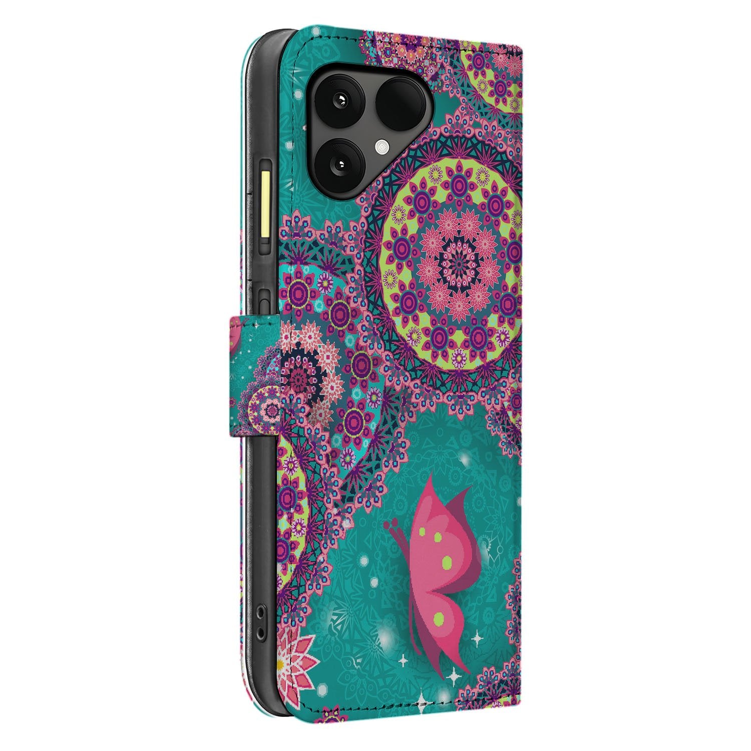 Fairphone 6 Book Case & Portemonnee Hoesje Cirkels en Vlinders zijkant cirkels vlinders kunstleer turquoise