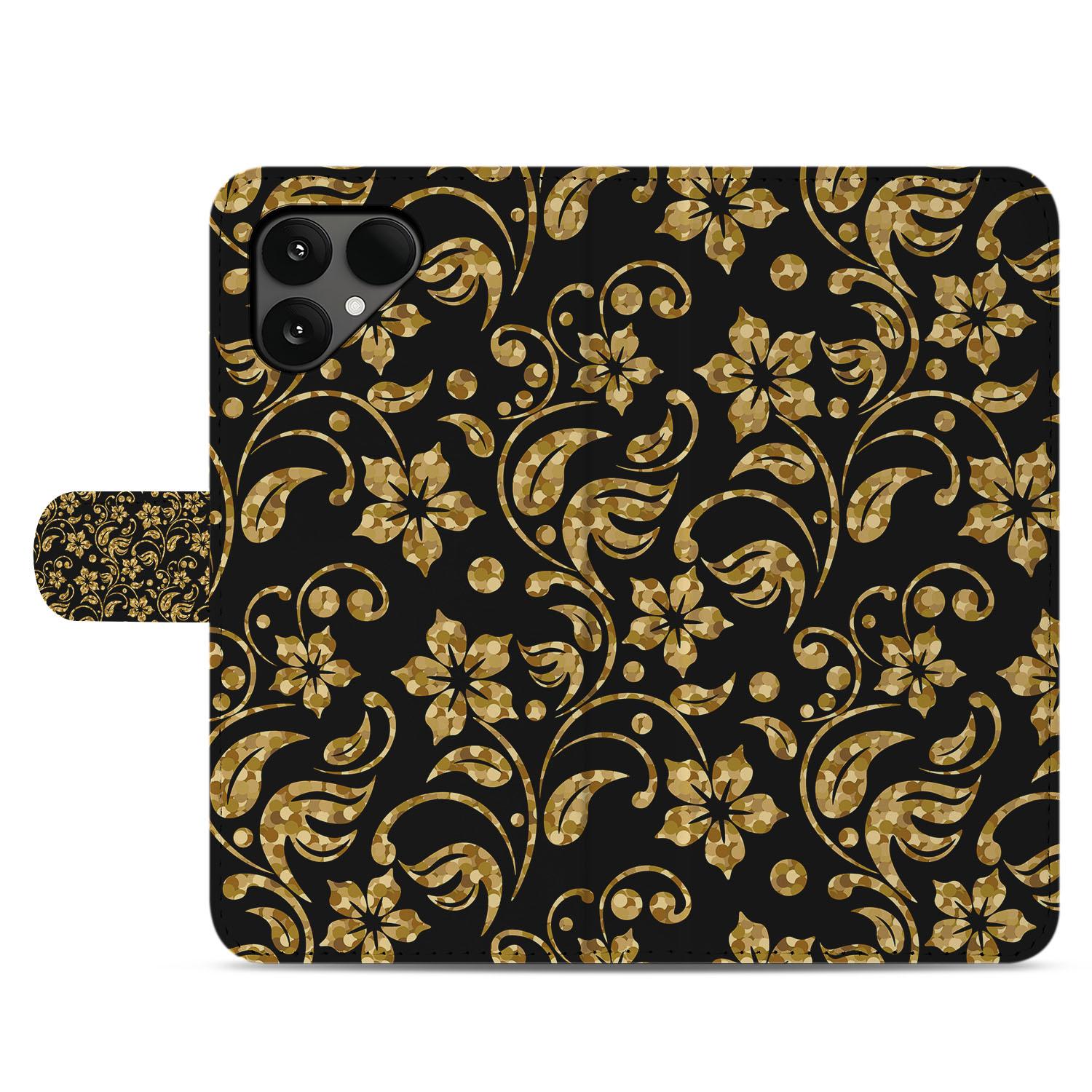Fairphone 6 Bookcase Hoesje Gouden Bloemen Met Pasjesvak design gouden bloemen aanzicht