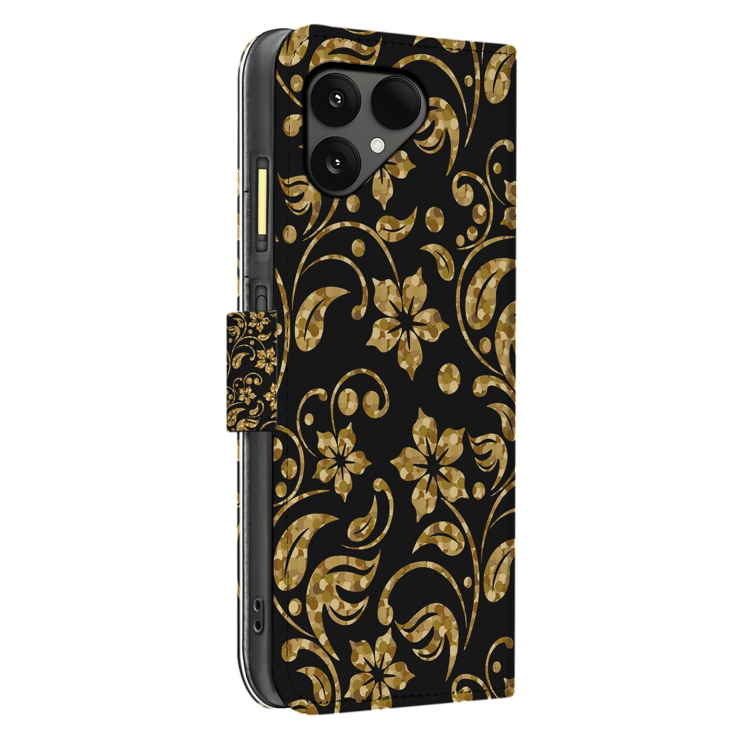 Fairphone 6 Bookcase Hoesje Gouden Bloemen Met Pasjesvak bloemen patroon zijkant