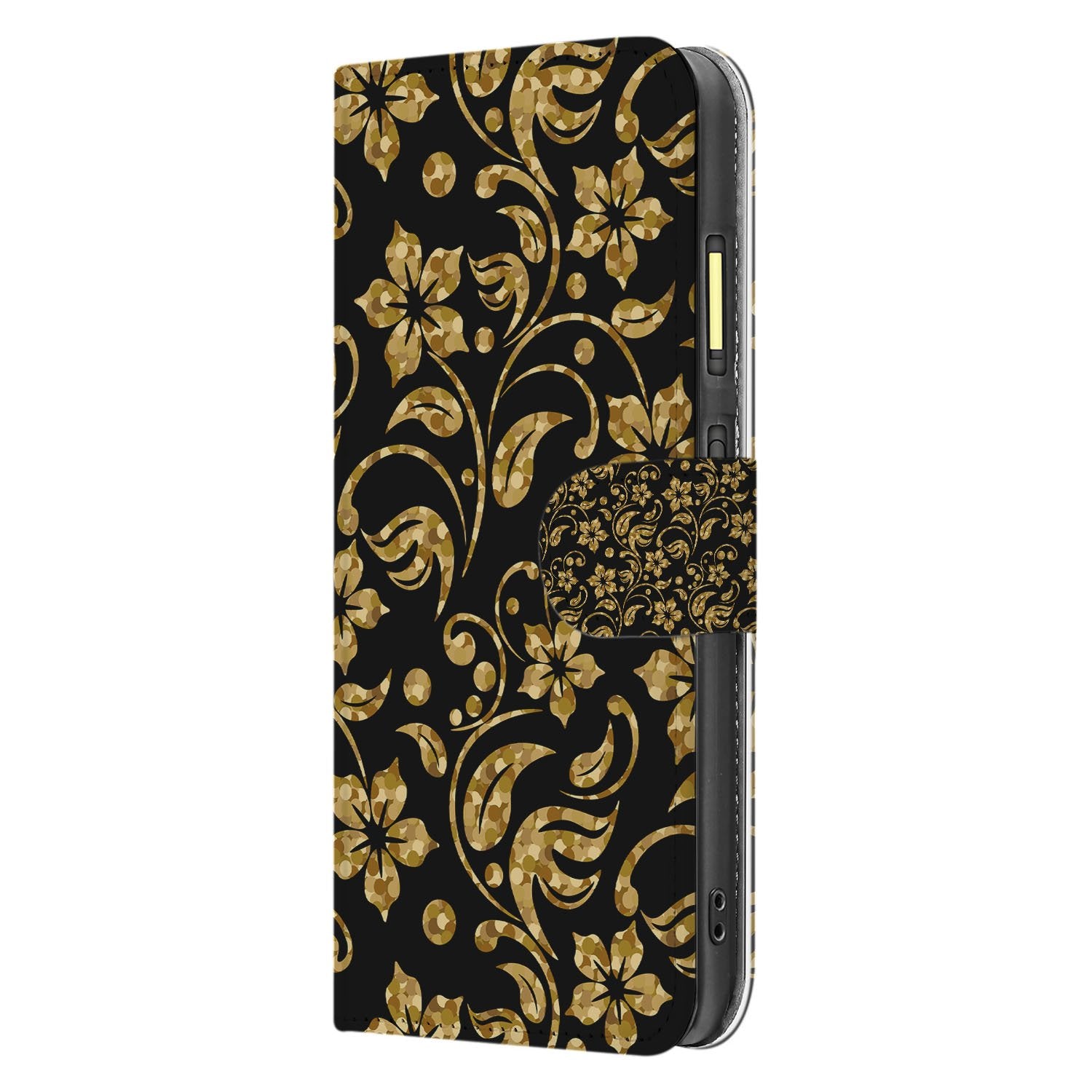 Fairphone 6 Bookcase Hoesje Gouden Bloemen Met Pasjesvak zwart gouden bloemen zijkant