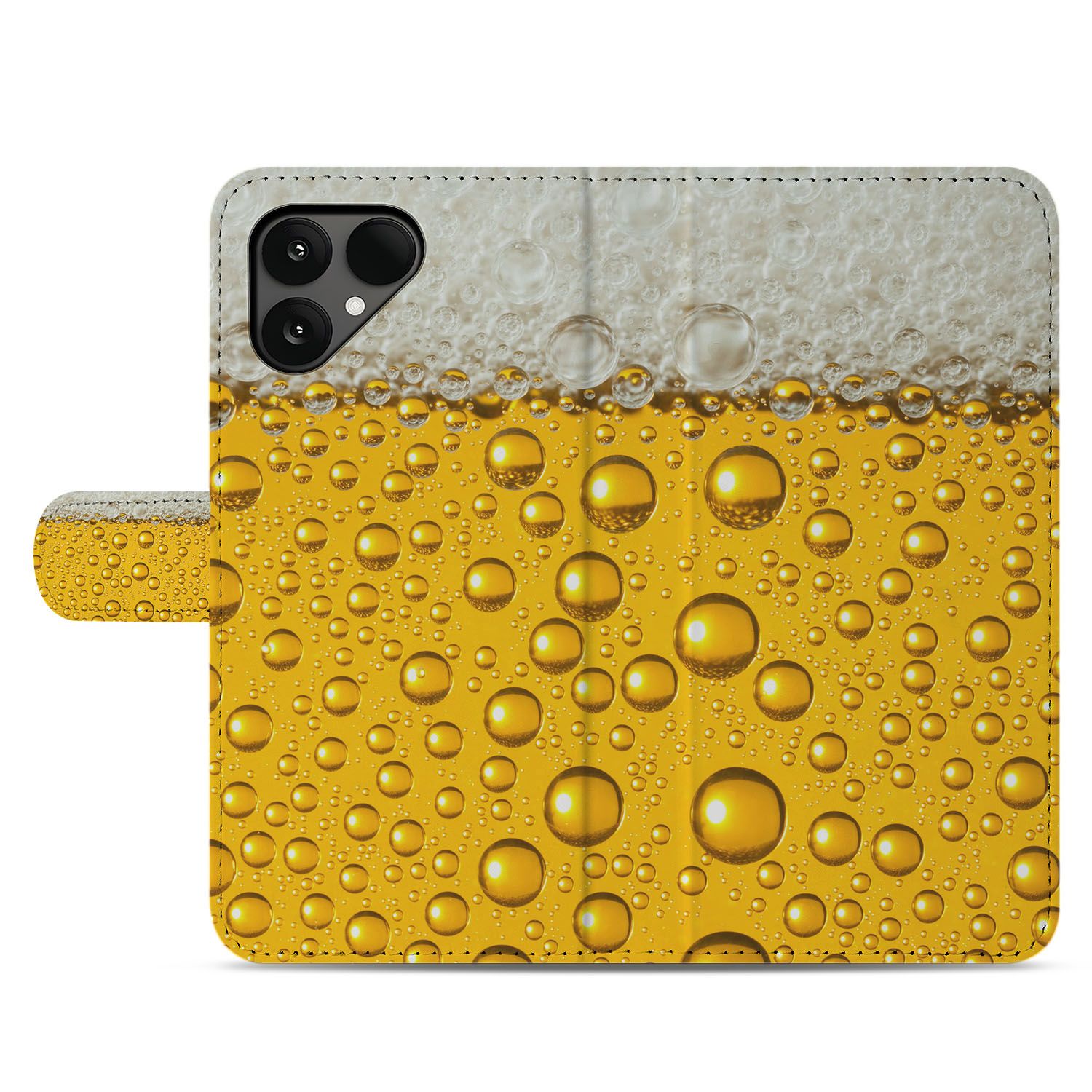 Fairphone 6 Bookcase Hoesje Met Bierprint Design geel schuim design voorzijde