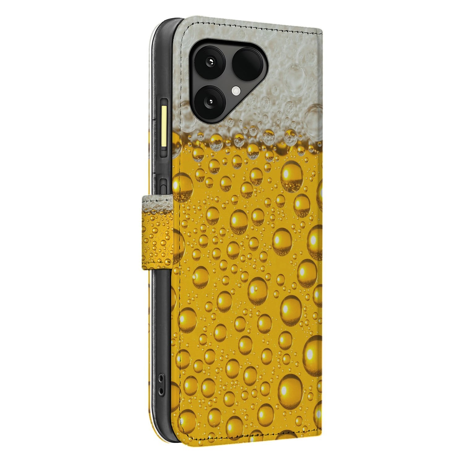 Fairphone 6 Bookcase Hoesje Met Bierprint Design geel schuim aanzicht