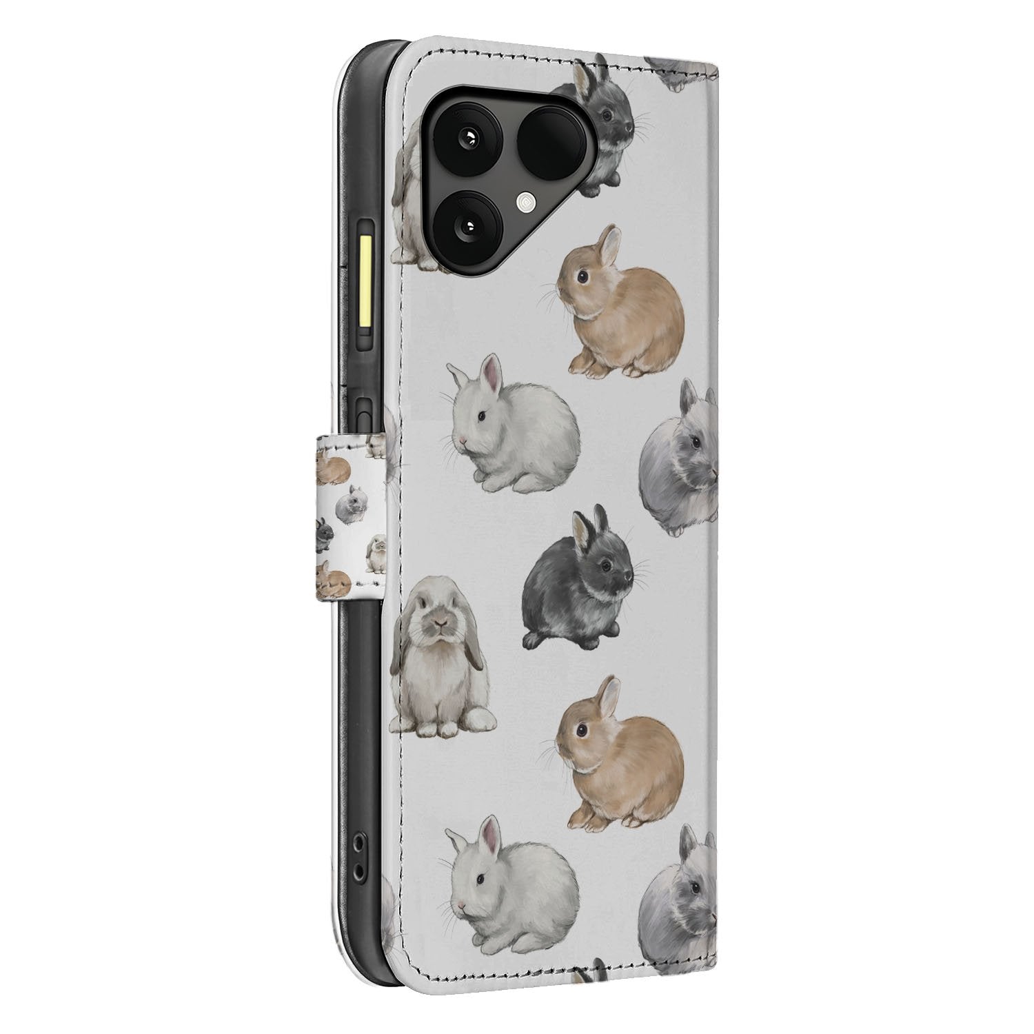 Fairphone 6 Bookcase Hoesje Met Konijntjes Design In Pu Leer konijntjes hoektjes zijkant