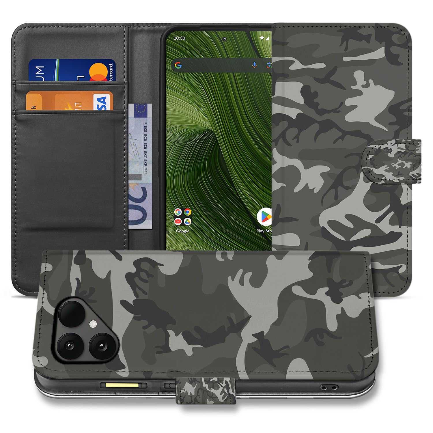 Fairphone 6 Bookcase Hoesje met Army Light Camouflage Design en TPU Bescherming en Pasjeshouders aanzicht